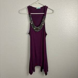 Queen Esther Size Medium High Low Purple Silver Tank Top Chunky Beaded Neck
